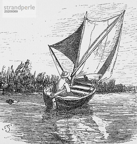 Segelboot im Blockland bei Bremen  Fluss  Schilfufer  Freizeitsport  Mann  Pinne  Ruhe  Deutschland  historische Illustration 1880  Europa