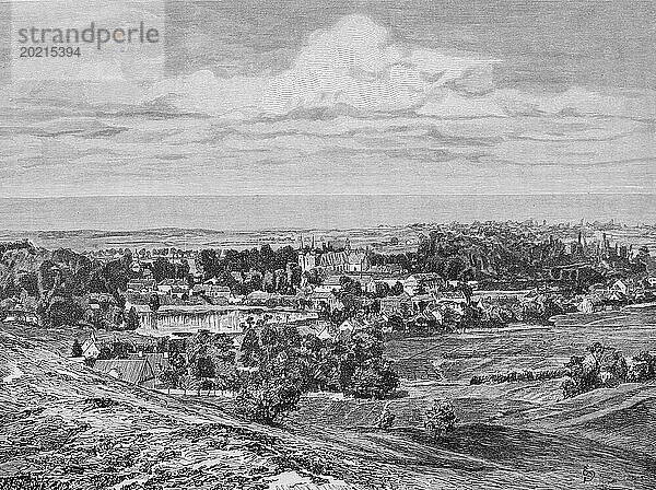 Ortsbild von Oliva oder Oliwa  Stadtteil von Danzig  idyllische ländliche Landschaft  See  Felder  Landwirtschaft  Sandweg  Pommern  Polen historische Illustration 1880