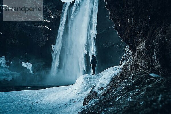 Silhouette einer Frau im Winter in Island beim Besuch des Wasserfalls Skogafoss