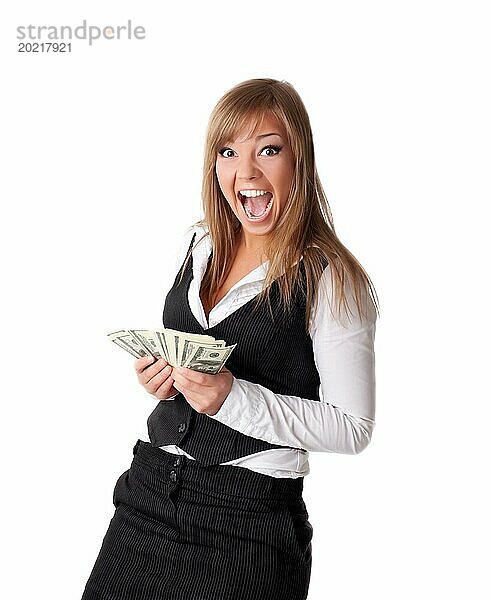 Junge Geschäftsfrau glücklich mit vielen Dollars