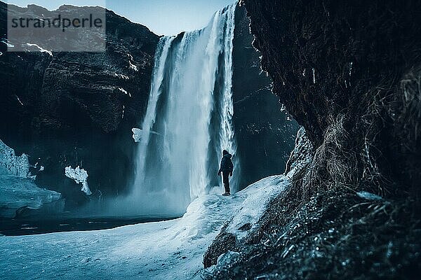 Silhouette einer Frau im Winter in Island unter dem Wasserfall Skogafoss