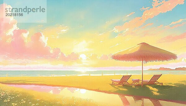 Schöne Sommerzeit Illustration mit Sonnenliegen auf dem Rasen vor dem Sonnenuntergang über dem Meer. Ästhetik Sommersaison in Pastellfarben. Entspannende Urlaubsstimmung. AI generierte Kunst  KI generiert