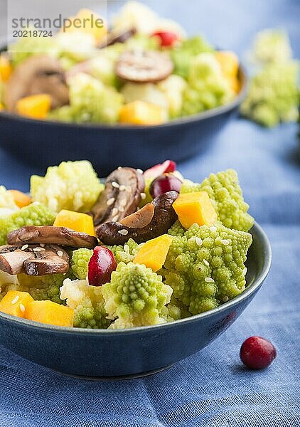 Vegetarischer Salat aus Romanesco Kohl  Champignons  Preiselbeeren  Avocado und Kürbis auf schwarzem Betonhintergrund und blauem Textil. Seitenansicht  Nahaufnahme  selektiver Fokus