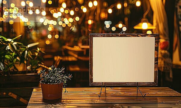 Leere Tafel auf Holztisch mit Pflanze und warmen Bokeh Lichter im Hintergrund AI generiert  KI generiert