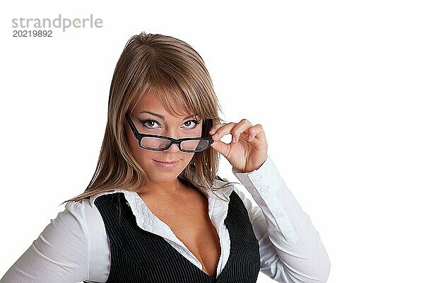 Sexy Mädchen in Business Anzug Blick über Brille isoliert