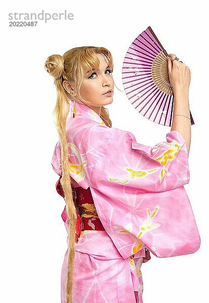 Schönheit junge Frau Porträt in Kimono Kostüm mit fantail cosplay Charakter