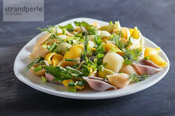 Conchiglie farbigen Nudeln mit frischem GrünGemüse auf schwarzem Holz Hintergrund. Nahaufnahme  selektiver Fokus