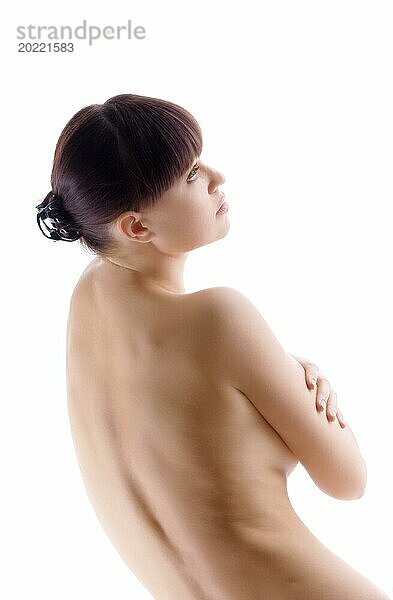 Schönheit nackte Frau posiert auf weiß  nehmen Schultern