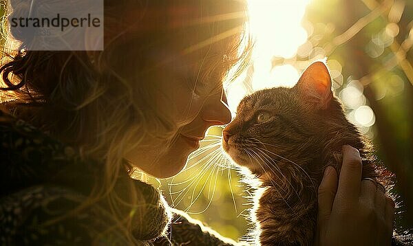 Eine Silhouette einer Frau sanft halten und Blick auf ihre Katze mit Zuneigung in Sonnenuntergang Beleuchtung AI generiert  KI generiert