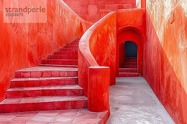 Eine leuchtend rote  geschwungene Treppe  die zu einem schattigen Durchgang führt und ein kühnes architektonisches Statement setzt  AI generiert  KI generiert