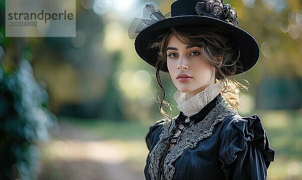 Selbstbewusste Frau in schwarzer Vintage Kleidung mit Spitze und einem eleganten Hut AI erzeugt  KI generiert