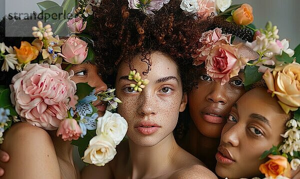 Eine bunte Gruppe von Frauen  die mit Blumen geschmückt sind  die Schönheit und Einheit symbolisieren  erzeugt AI  KI generiert