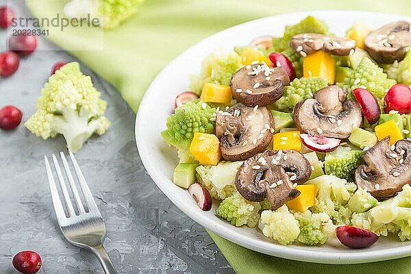 Vegetarischer Salat aus Romanesco Kohl  Champignons  Preiselbeeren  Avocado und Kürbis auf grauem Betonhintergrund und grünem Textil. Seitenansicht  Nahaufnahme  selektiver Fokus