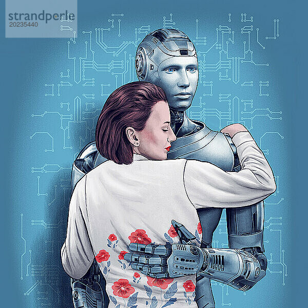 Frau umarmt einen Roboter