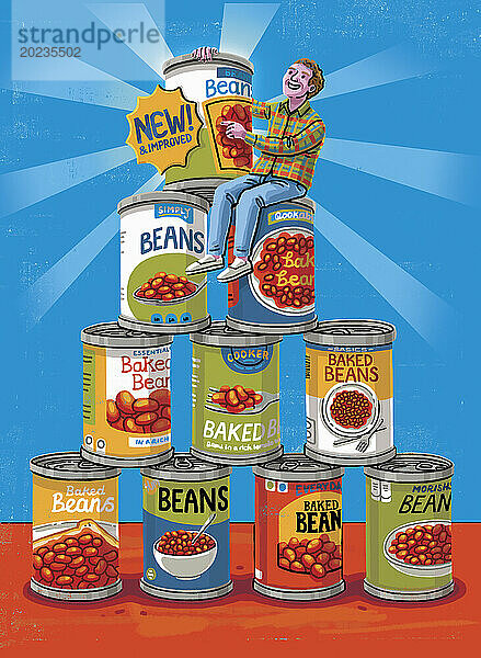 Mann wÃ¤hlt Dose aus vielen verschiedenen Baked Beans-Marken aus