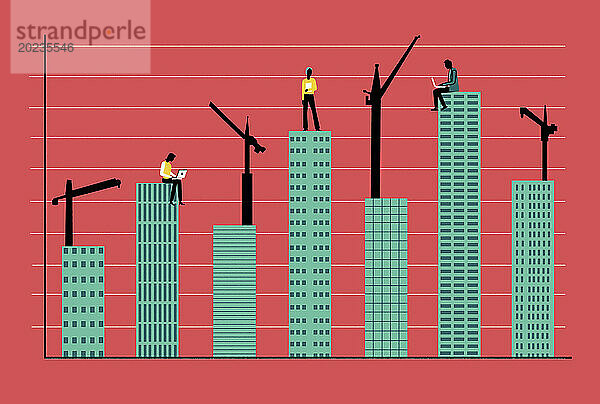 BÃ¼roblÃ¶cke bilden ein Balkendiagramm mit GeschÃ¤ftsleuten oben auf den hohen BlÃ¶cken und KrÃ¤nen auf den unteren BlÃ¶cken