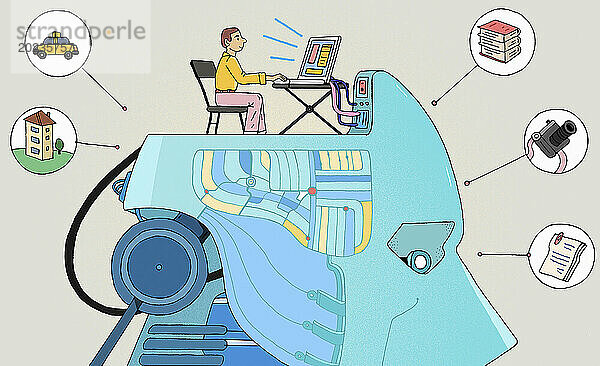 Mann mit Computer  der an das Gehirn eines Roboters angeschlossen ist und verschiedene Funktionen ausfÃ¼hrt