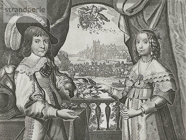 Wilhelm II.  Prinz von Oranien  und seine Braut Maria Stuart  die älteste Tochter von König Karl I. von England. Zum Zeitpunkt ihrer Heirat war William 14 und Mary 9 Jahre alt. Nach einem Druck eines unbekannten Künstlers.