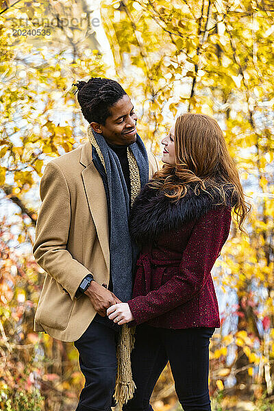 Nahaufnahme eines verheirateten Paares gemischter Abstammung  das einander anlächelt und Händchen hält  während es bei einem Familienausflug im Herbst in einem Stadtpark schöne Zeit miteinander verbringt; Edmonton  Alberta  Kanada