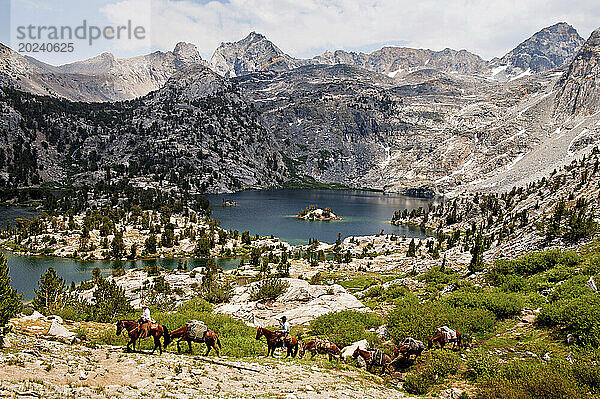 Pferde und Reiter führen eine Reihe von Lasttieren in der Nähe des Sixty Lake Basin im King's Canyon National Park  Kalifornien  USA; Kalifornien  Vereinigte Staaten von Amerika