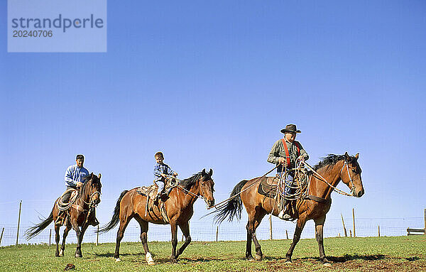 Rancher  sein Sohn und sein Enkel zu Pferd; Howes  South Dakota  Vereinigte Staaten von Amerika