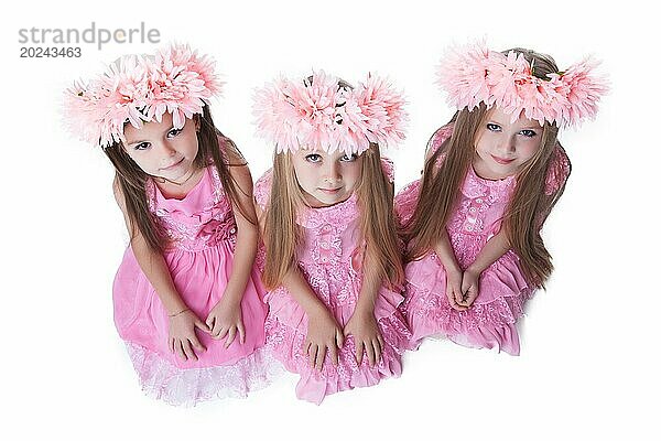 Drei hübsche kleine Mädchen mit rosa Kränzen. vor weißem Hintergrund