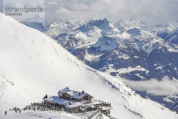 Zillertaler Alpen mit Wedelhütte im Winter  Schnee  Skigebiet Hochzillertal  Hochfügen  Zillertal  Tirol  Österreich  Europa