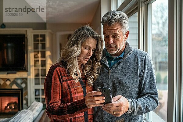 Ein älteres Ehepaar steht am Fenster in ihrem Wohnzimmer und schaut besorgt  verängstigt  verunsichert auf ein Smartphone  Symbolbild für Betrug an Senioren  Enkeltrick  Schockanrufe  herausgabe von persönliche Daten wie Passwort  Bankverbindung  Wohnadresse  Medienkompetenz  KI generiert  AI generiert  AI generated