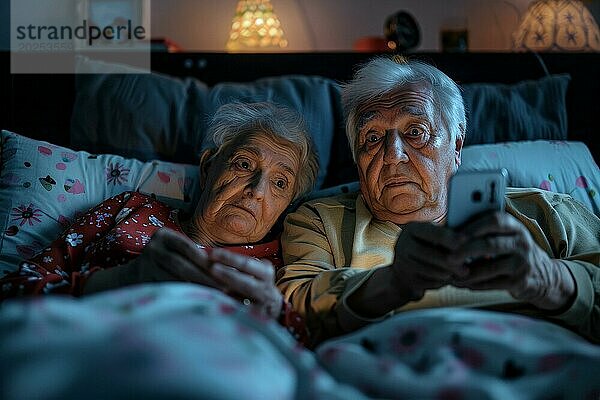 Ein älteres Ehepaar liegt im Ehebett in ihrem Schlafzimmer und schaut besorgt  verängstigt  verunsichert auf ein Smartphone  Symbolbild für Betrug an Senioren  Enkeltrick  Schockanrufe  herausgabe von persönliche Daten wie Passwort  Bankverbindung  Wohnadresse  Medienkompetenz  KI generiert  AI generiert  AI generated