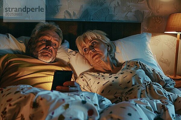 Ein älteres Ehepaar liegt im Ehebett in ihrem Schlafzimmer und schaut besorgt  verängstigt  verunsichert auf ein Smartphone  Symbolbild für Betrug an Senioren  Enkeltrick  Schockanrufe  herausgabe von persönliche Daten wie Passwort  Bankverbindung  Wohnadresse  Medienkompetenz  KI generiert  AI generiert  AI generated