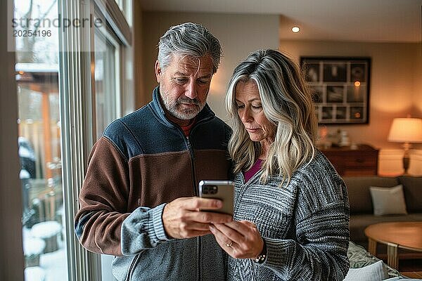 Ein älteres Ehepaar steht am Fenster in ihrem Wohnzimmer und schaut besorgt  verängstigt  verunsichert auf ein Smartphone  Symbolbild für Betrug an Senioren  Enkeltrick  Schockanrufe  herausgabe von persönliche Daten wie Passwort  Bankverbindung  Wohnadresse  Medienkompetenz  KI generiert  AI generiert  AI generated