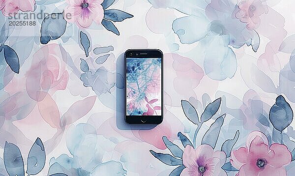 Smartphone Mockup auf Aquarell floralen Muster AI generiert  KI generiert