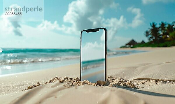 Smartphone Mockup mit einem leeren Bildschirm auf einem ruhigen Strand Hintergrund  Reisen und Tourismus AI generiert  KI generiert