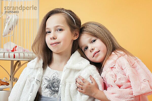 Bild von entzückenden Zwillingsschwestern  die im Studio posieren  Nahaufnahme