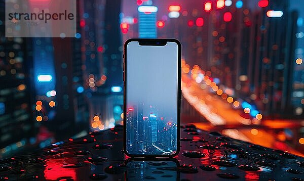 Smartphone Mockup mit einem leeren Bildschirm auf einem lebendigen Stadtbild Hintergrund AI generiert  KI generiert