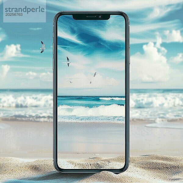 Smartphone Mockup mit einem leeren Bildschirm auf einem ruhigen Strand Hintergrund  Reisen und Tourismus AI generiert  KI generiert