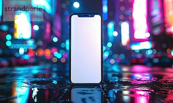 Smartphone Mockup mit einem leeren Bildschirm auf einem lebendigen Stadtbild Hintergrund AI generiert  KI generiert