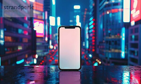 Smartphone Mockup mit einem leeren Bildschirm auf einem lebendigen Stadtbild Hintergrund AI generiert  KI generiert