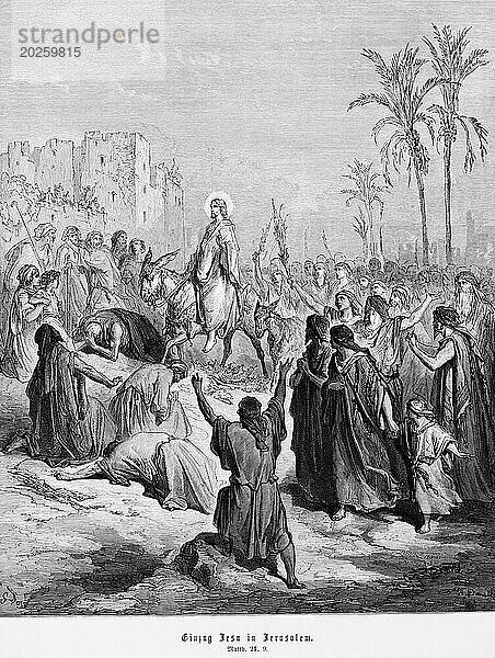 Einzug Jesu in Jerusalem  Matthäus Evangelium  Kapitel 21  Esel  reiten  Menschenmenge  Stadt  Palmen  Freude  Hosianna  Neues Testament  Bibel  historische Illustration 1886