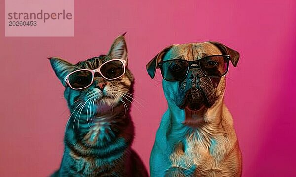 Eine Katze und ein Hund  die beide eine Sonnenbrille tragen  posieren vor einem rosa Hintergrund  der durch AI generiert wurde  KI generiert