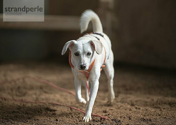 Hund (Canis lupus familiaris)  helles Fell  weiblich  jung  Tierschutzhund  läuft in einer Reithalle  frontal auf den Betrachter zulaufend  Hintergrund braun verschwommen  Hessen  Deutschland  Europa