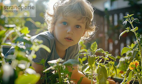 Nahaufnahme eines Kindes mit großen  ausdrucksstarken Augen in einem sonnenbeschienenen Garten voller grüner Pflanzen AI erzeugt  KI generiert