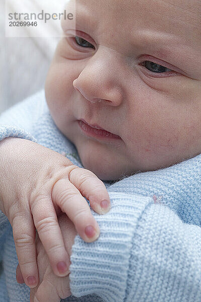 Neugeborenes Babygesicht mit gekreuzten Händen. Baby ist 2 Tage alt.