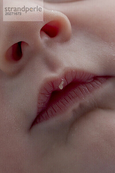Neugeborenes Gesicht. Munddetail mit Saugblase. Baby ist 3 Tage alt.