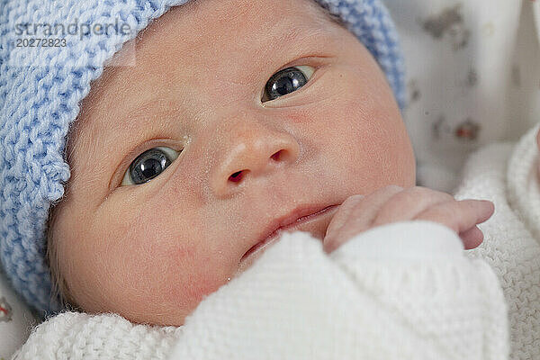 Neugeborenes Gesicht (5 Tage alt) wach mit Haube.