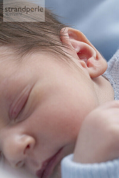 Schläfriges Neugeborenengesicht. Detail des Ohrs. Baby ist 2 Tage alt.