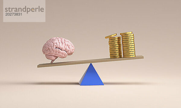 Gleichgewicht zwischen Gehirn und Geldstapel vor farbigem Hintergrund
