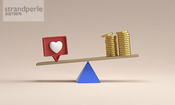 Balance aus sozialen Medien  Herz-ähnlichem und Geldstapel vor rosa Hintergrund