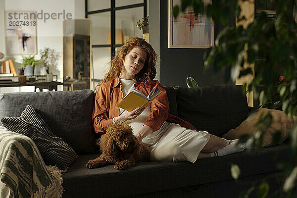 Werdende Frau liest Buch auf Sofa im Wohnzimmer