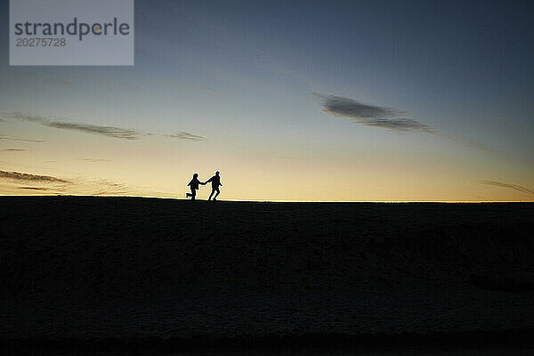 Young couple holding hands and running at beach